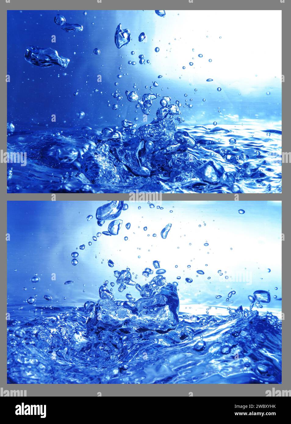 primo piano, macro di molte bolle d'aria sott'acqua in un acquario, sfondo blu Foto Stock