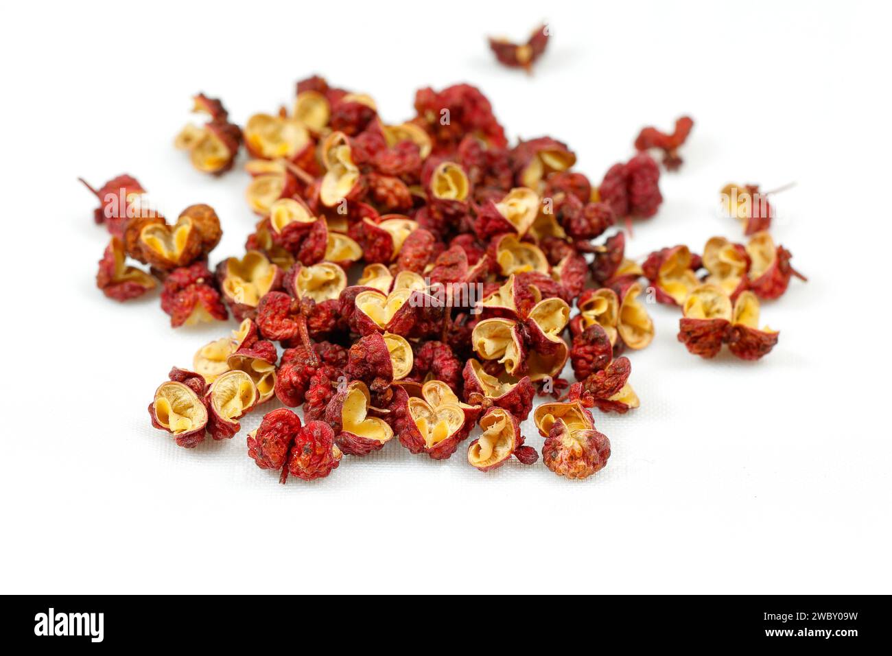 Grani secchi di pepe da Hong Pao Sichuan (Zanthoxylum bungeanum) 大紅袍 花椒 bacche di frassino d'India isolate su uno sfondo bianco. Foto Stock