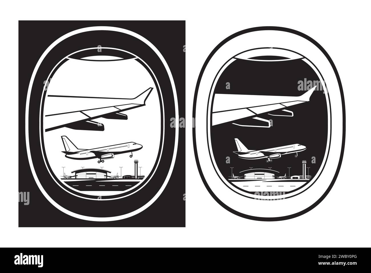 Vista all'aeroporto dal finestrino dell'aereo passeggeri di giorno e di notte - illustrazione vettoriale Illustrazione Vettoriale