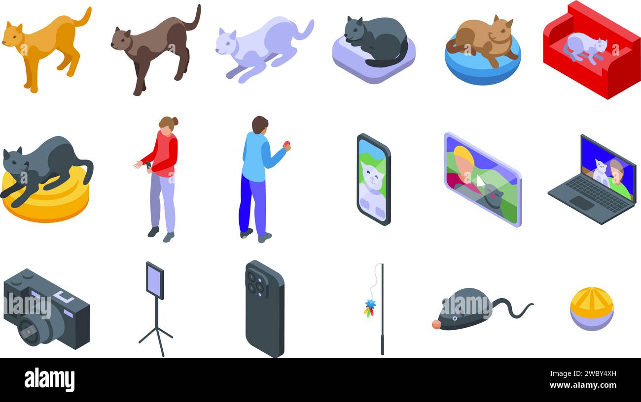 Le icone del gatto blogger impostano il vettore isometrico. Registrazione con videocamera Vet. Animale video Illustrazione Vettoriale