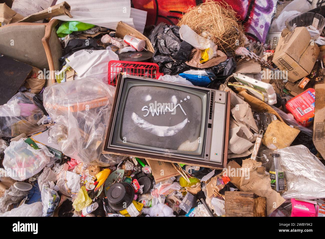 TV in un mucchio di spazzatura, Los Angeles, California, Stati Uniti d'America Foto Stock
