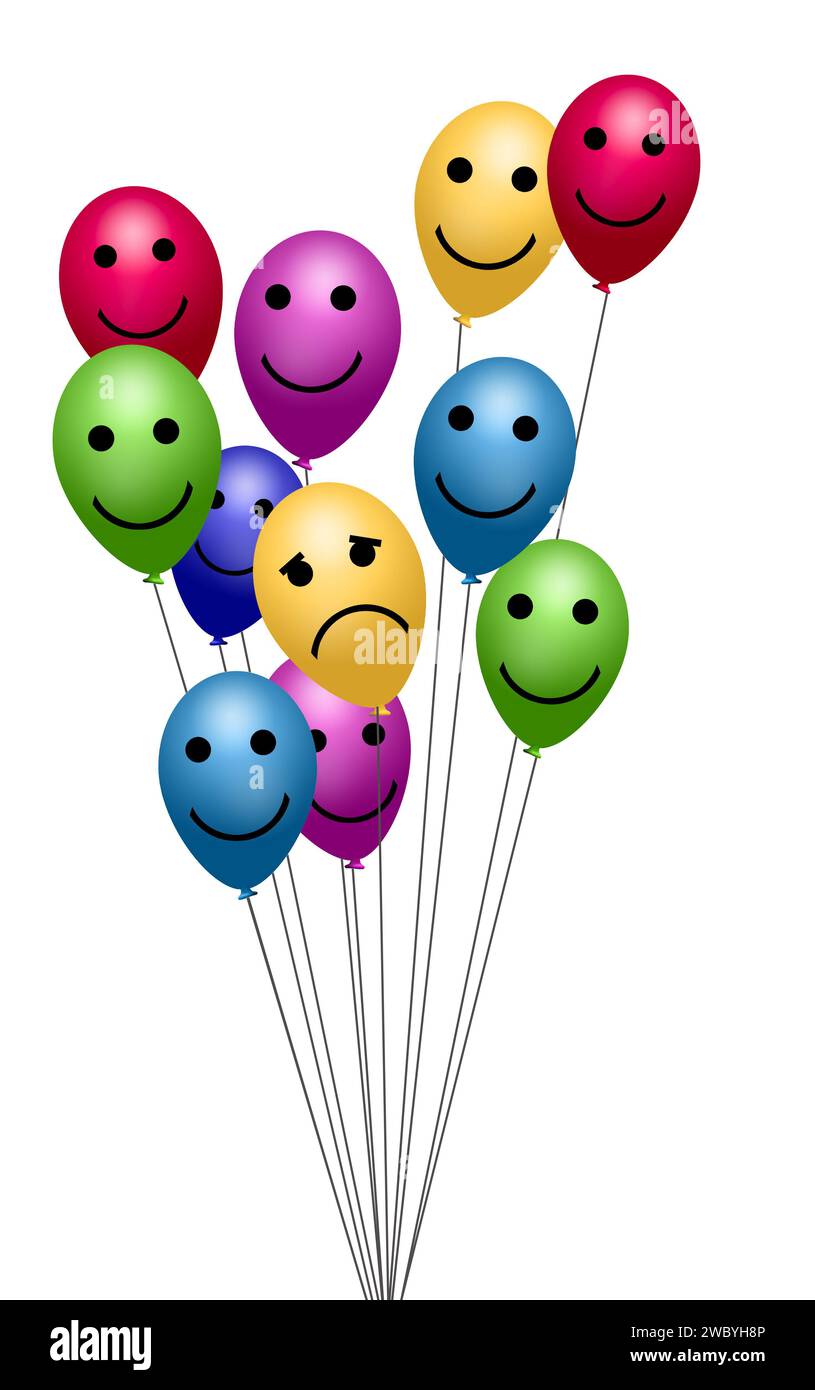 Un palloncino con una faccia triste è circondato da palloncini giocattolo dal volto felice in un'illustrazione 3D sulla depressione o la tristezza. Foto Stock