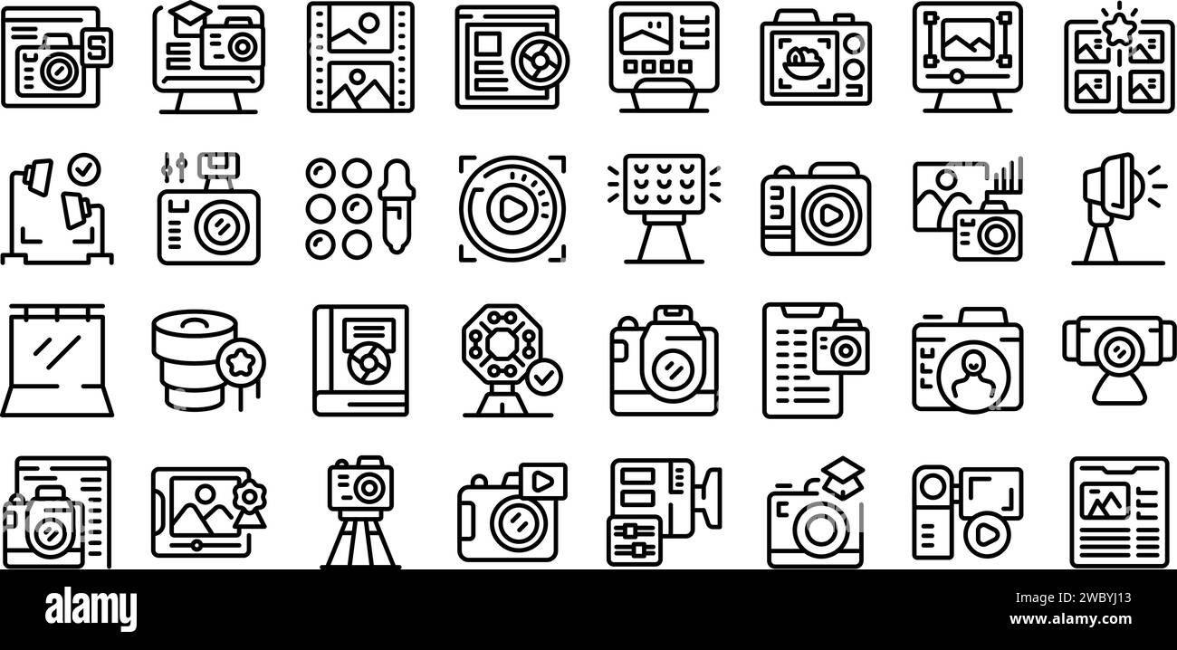 Le icone dei corsi di fotografia impostano il vettore di contorno. Donna di classe. Gente scuola d'arte Illustrazione Vettoriale