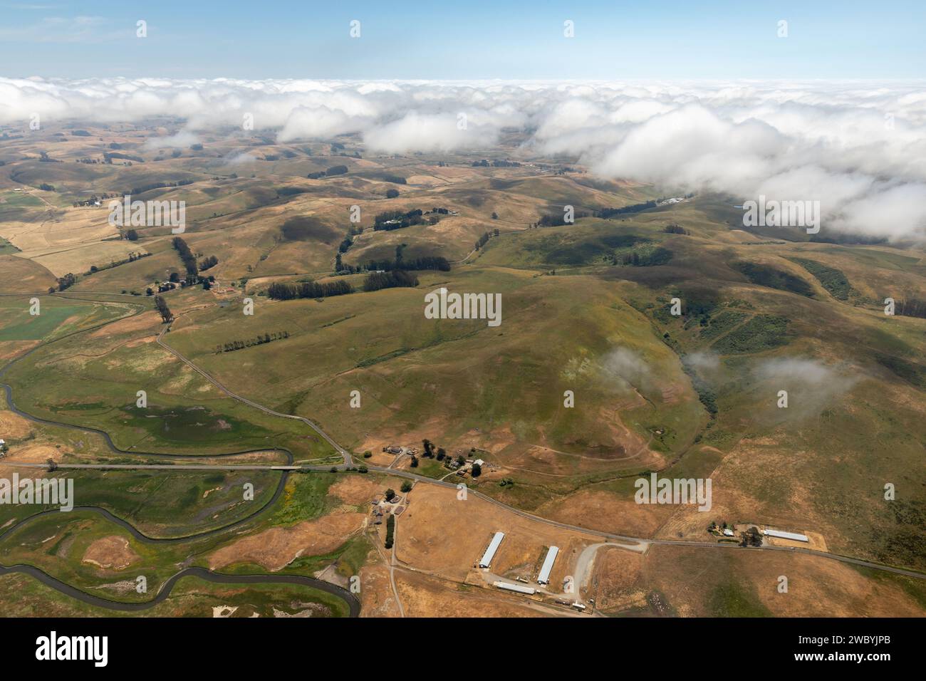 Vista aerea del colorato motivo verde e del rilievo delle creste di montagna e delle colline ondulate Foto Stock