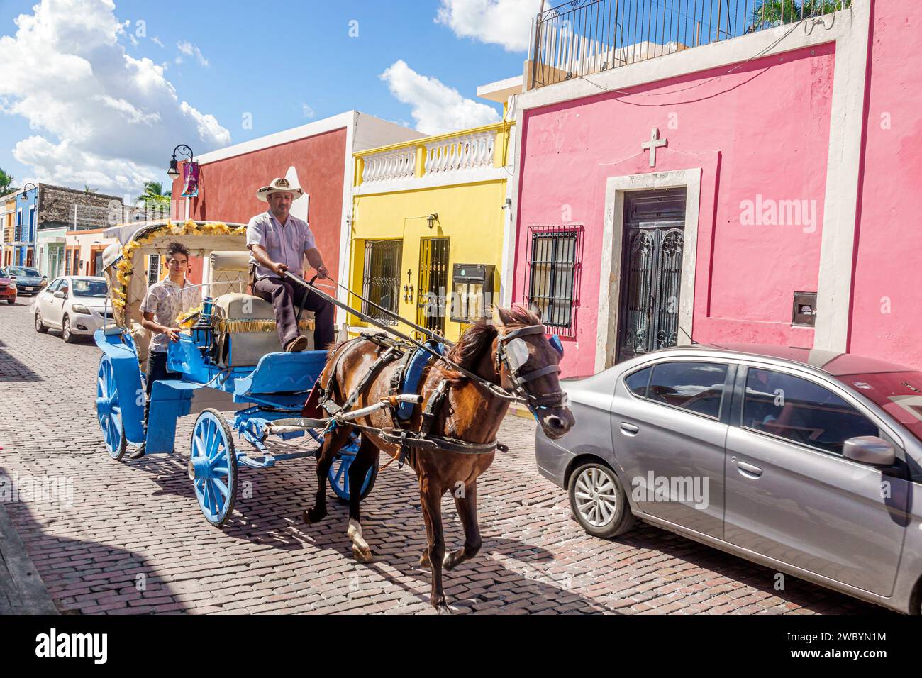 Merida Mexico, centro storico centrale, Calle 64A, residenza residenziale, conservazione dell'architettura, colorata, sorvolata da cavalli, CA Foto Stock