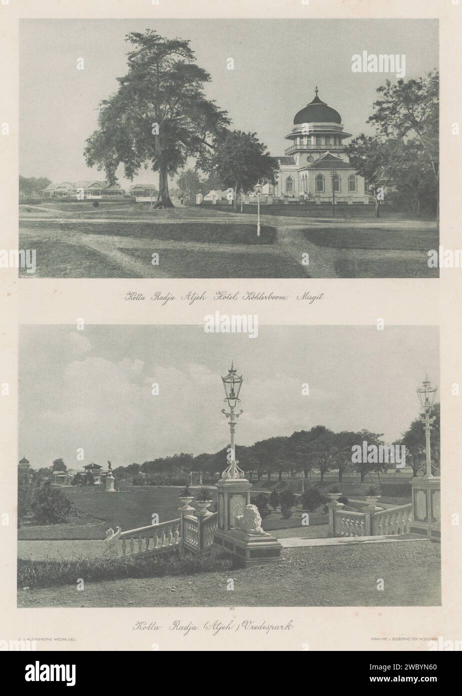 Vista del Kota Radja Atheh Hotel, del cosiddetto Köhlerboom e del Baiturrahmanmoskee (sopra) e vista del Peace Park (sotto) in banda Aceh su Sumatra, Carl J. Kleingrotheke, in o prima del 1898 stampa fotomeccanica parte dell'album con elioincisioni della East Coast di Sumatra. Atjehmünchen banda di alberi di carta. hotel, ostello, locanda. tempio, santuario  Islam, Mohammedanismo. Giardini pubblici, parco banda Atjeh Foto Stock