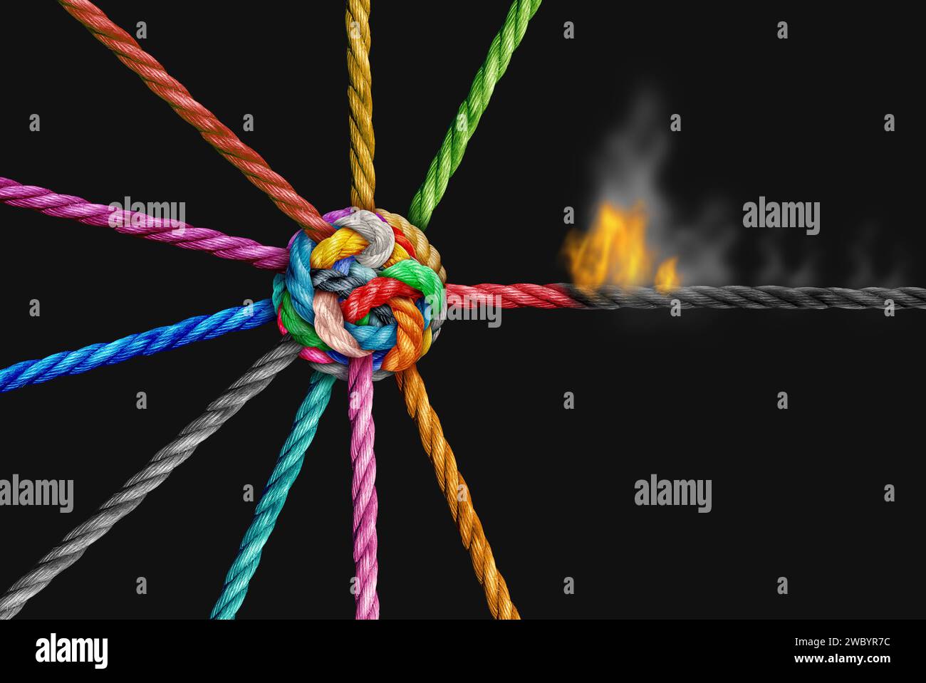 Minaccia distruttiva del team e concetto di sicurezza della rete o responsabilità del rischio di gruppo come simbolo di un partner che mette in pericolo e sabotare il vulnerabile united Foto Stock