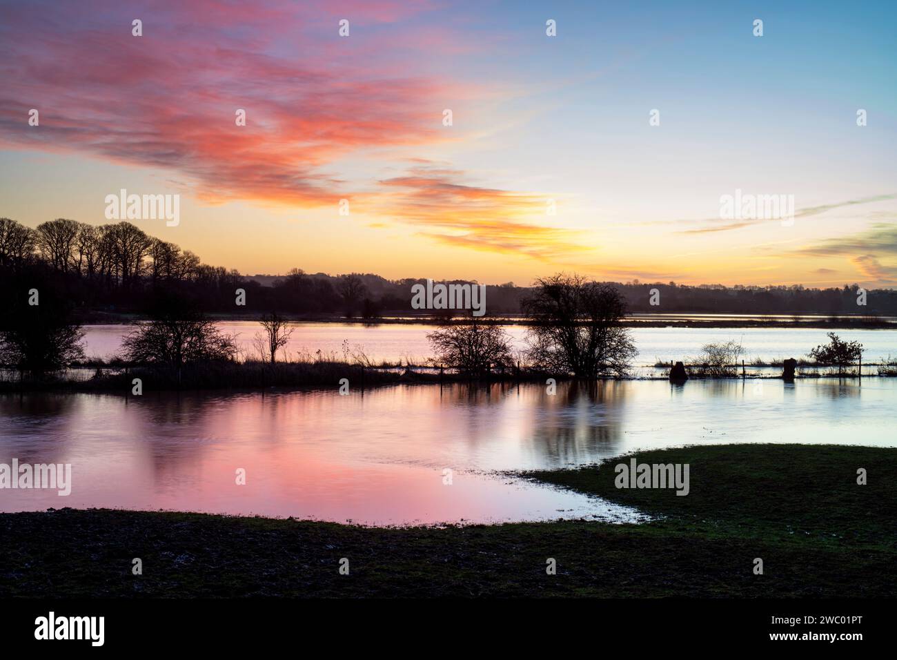 Inondazioni lungo il fiume cherwell all'alba in inverno. Kings Sutton, Oxfordshire / Northamptonshire confine, Inghilterra. Foto Stock