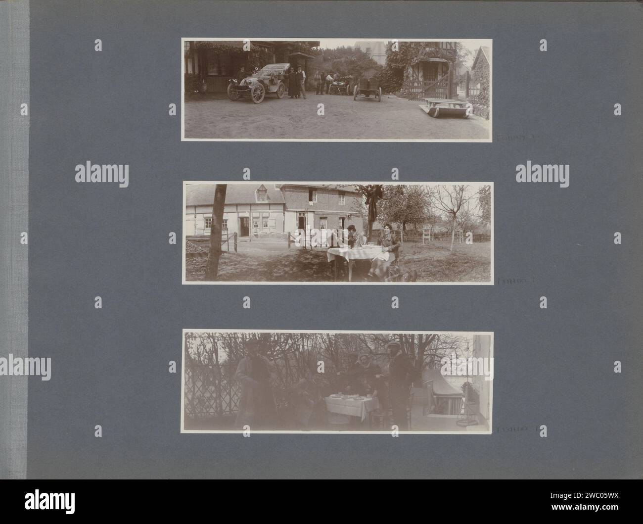 Picnic in un frutteto in Francia, Anonimo, 1902 Fotografia parte di un album fotografico di un'esercitazione militare nel sud-ovest della Francia nel 1902. Carta francese. supporto fotografico per mangiare e bere. orchard Francia Foto Stock