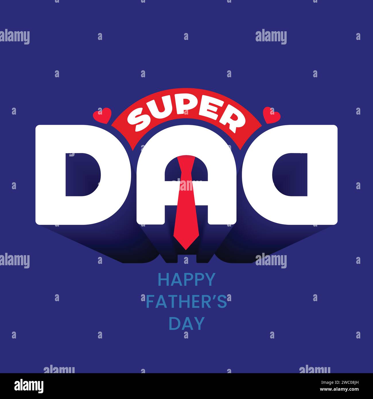 Citazione di design della maglietta Super Dad per Happy Father's Day. Biglietto d'auguri per la festa del papà con tipografia audace e cravatta isolata su sfondo blu. Illustrazione Vettoriale