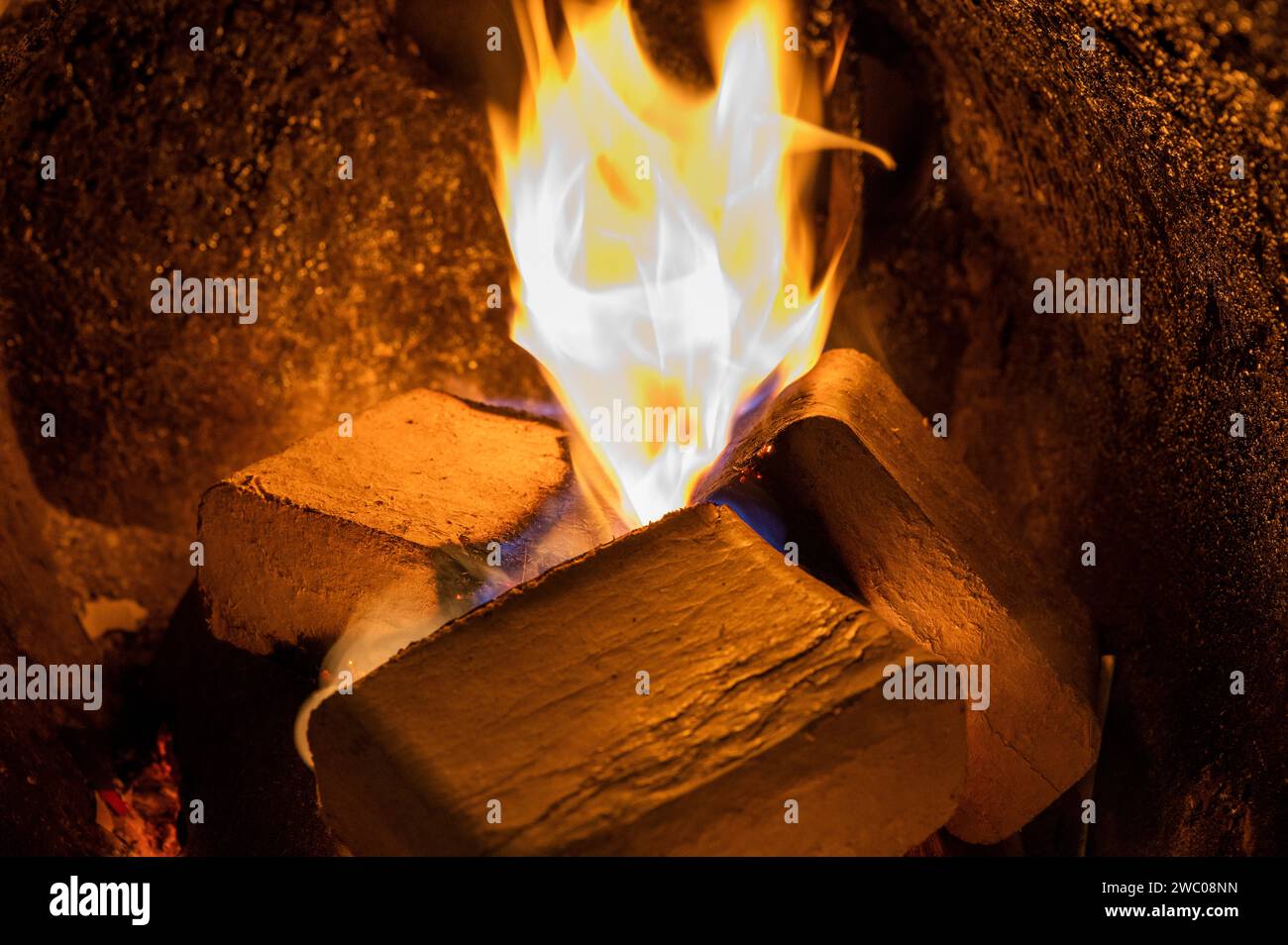 Bricchetti di legno (tipo ruf), realizzati in faggio e quercia che bruciano all'interno della caldaia a legna. Carburante alternativo, carburante ecologico, carburante biologico. Foto Stock
