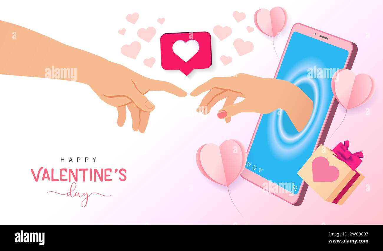 Buon San Valentino con smartphone e mani touch dalla creazione di Adam. Illustrazione vettoriale Illustrazione Vettoriale