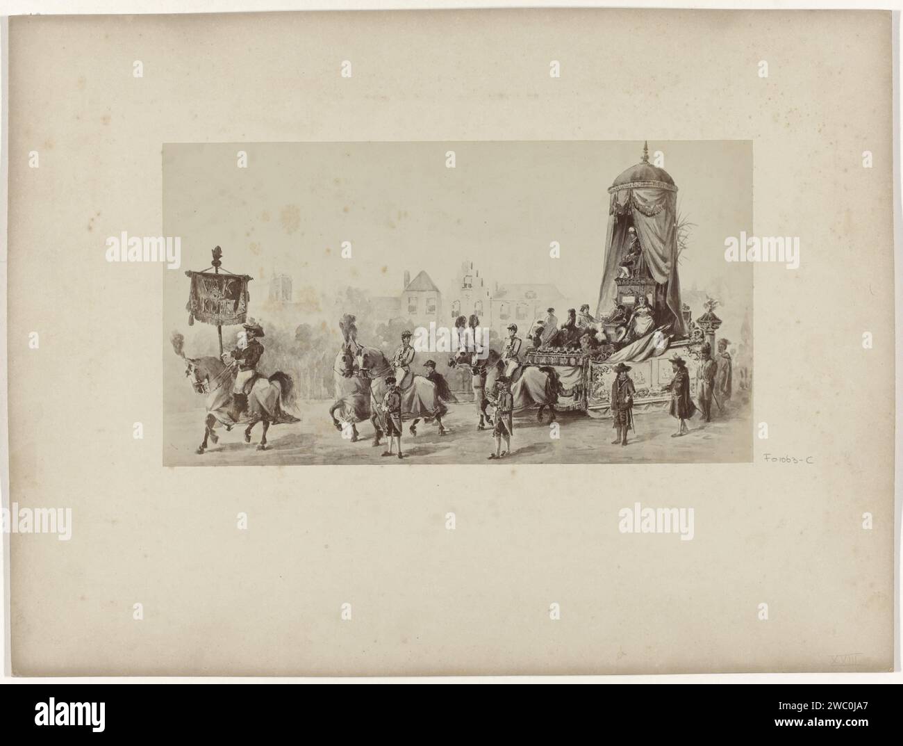 Produzione fotografica di un acquerello di un galleggiante del Vereeniging voor Vak and Art da Dordrecht, Anonymous, 1888 - 1889 carta fotografica. Stampa di albumi di cartone ingresso trionfale e ricevimento pubblico, concorso, 'entrata solenne', 'entrata Joyeuse' Dordrecht Foto Stock