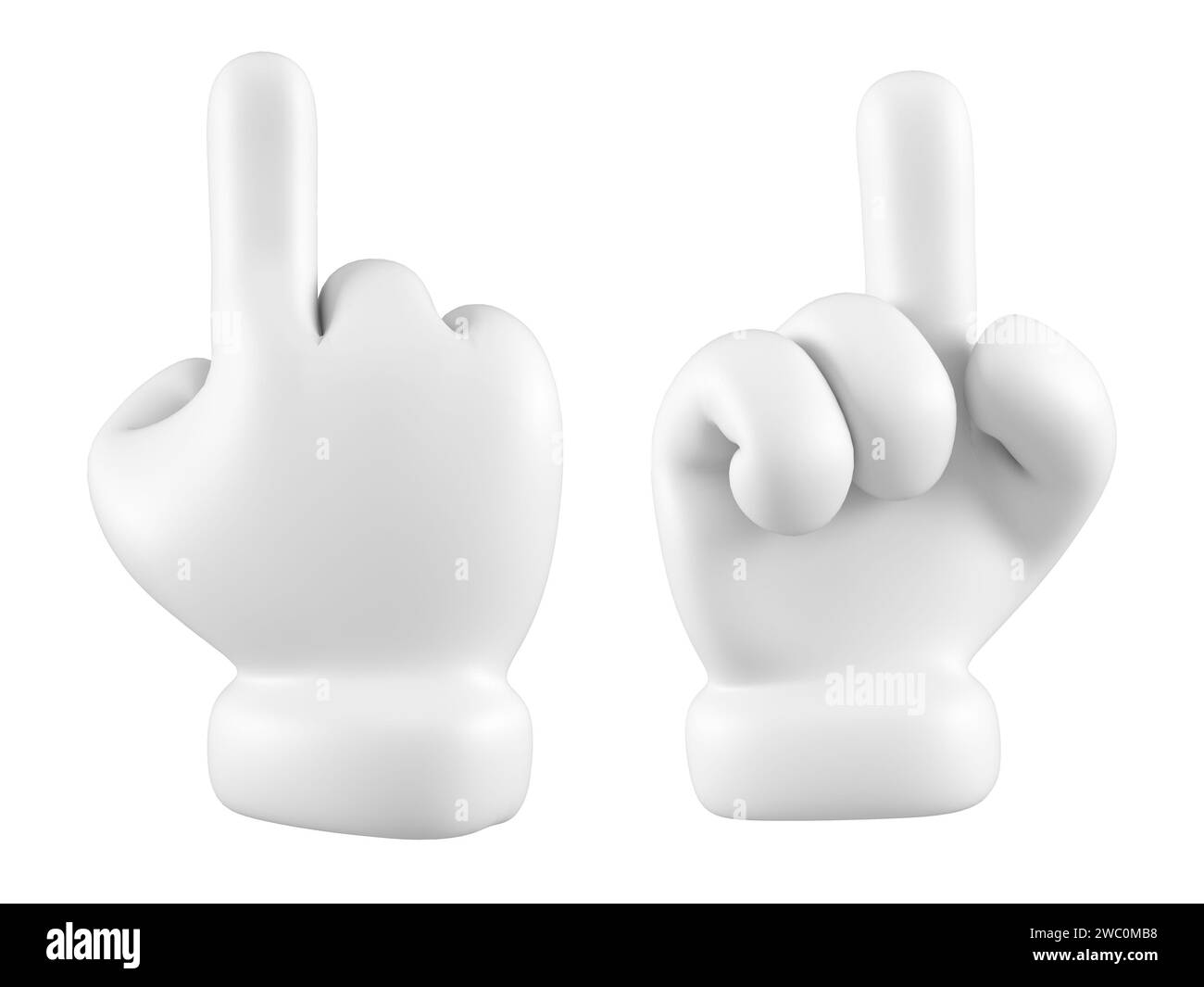 Emoji bianco mano carina che mostra o indica il gesto isolato. Set di diverse icone, simboli, segnali e segni dei gesti di tocco. rendering 3d. Foto Stock