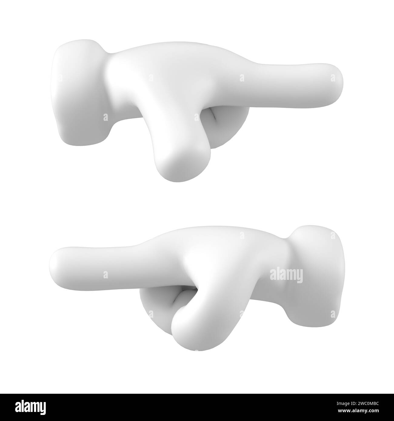 Mano emoji bianca che mostra o punta il gesto destro isolato. Icona braccio ravvicinato, simbolo, segnale e segnale. rendering 3d. Foto Stock