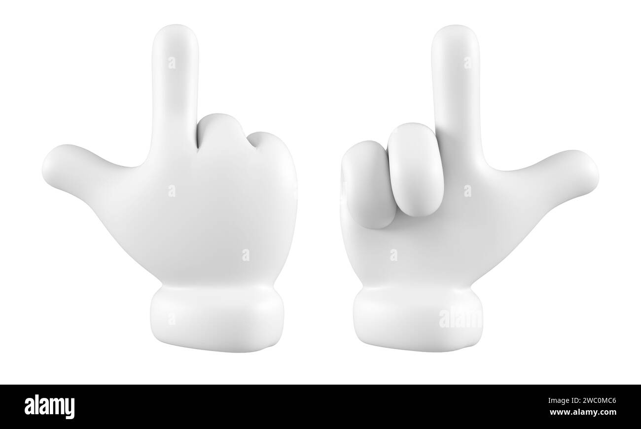 Mano emoji bianca che si presenta o indica il gesto isolato. Set di diverse icone, simboli, segnali e segni dei gesti di tocco. rendering 3d. Foto Stock