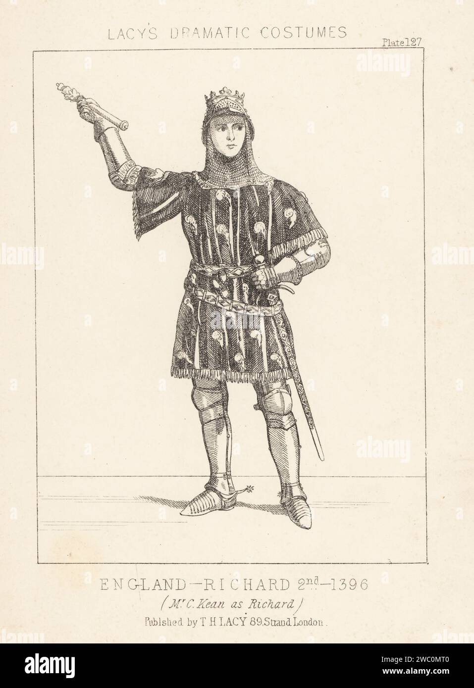 L'attore inglese Charles Kean interpreta Riccardo II nella commedia di William Shakespeare, Princess Theatre, Londra, 1857. A corona su casco e gorgetta, tunica ricamata, tuta di armatura, con uno scettro e una spada. Richard 2°, 1396. Litografia da Thomas Hailes Lacy's male Costumes, Historical, National and Dramatic in 200 Plates, Londra, 1865. Lacy (1809-1873) è stato un attore, drammaturgo, direttore teatrale ed editore britannico. Foto Stock