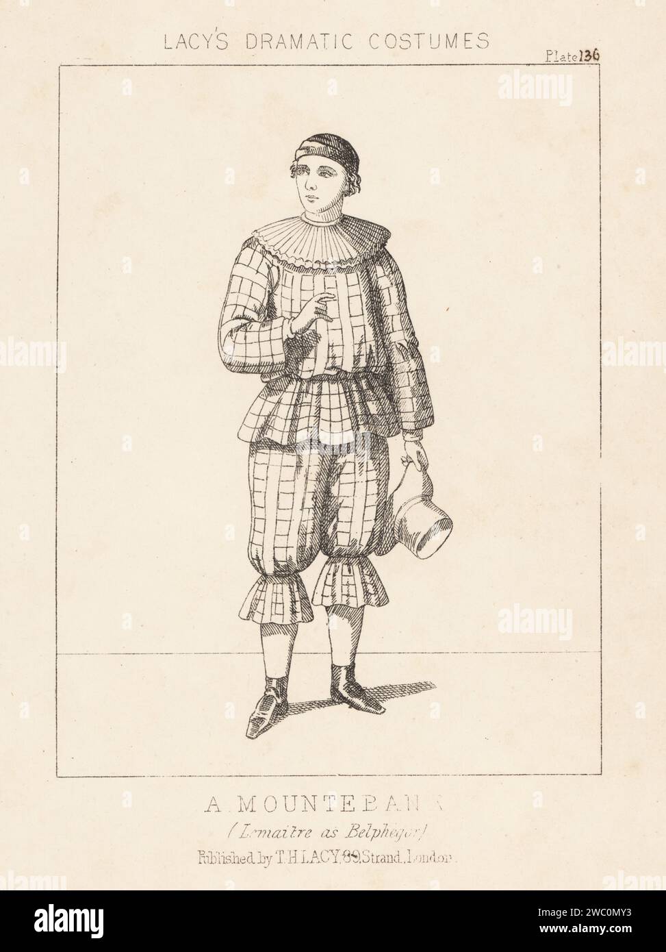 L'attore e drammaturgo francese Frederick Lemaitre interpreta Belphégor nella commedia Paillasse (o Belphegor the Mountebank) di Adolphe d'Ennery, Adelphi Theatre, Londra, 1851. In berretto, colletto con ruggine, tunica a scacchi e pantaloni, con un cappello. Litografia da Thomas Hailes Lacy's male Costumes, Historical, National and Dramatic in 200 Plates, Londra, 1865. Lacy (1809-1873) è stato un attore, drammaturgo, direttore teatrale ed editore britannico. Foto Stock