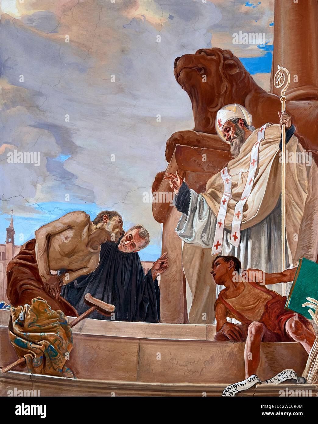 San Gottardo guarisce uno storpio - affresco - Vittorio Trainini - 1945 - Valle di Lumezzane (BS) chiesa di S.Carlo Borromeo Foto Stock