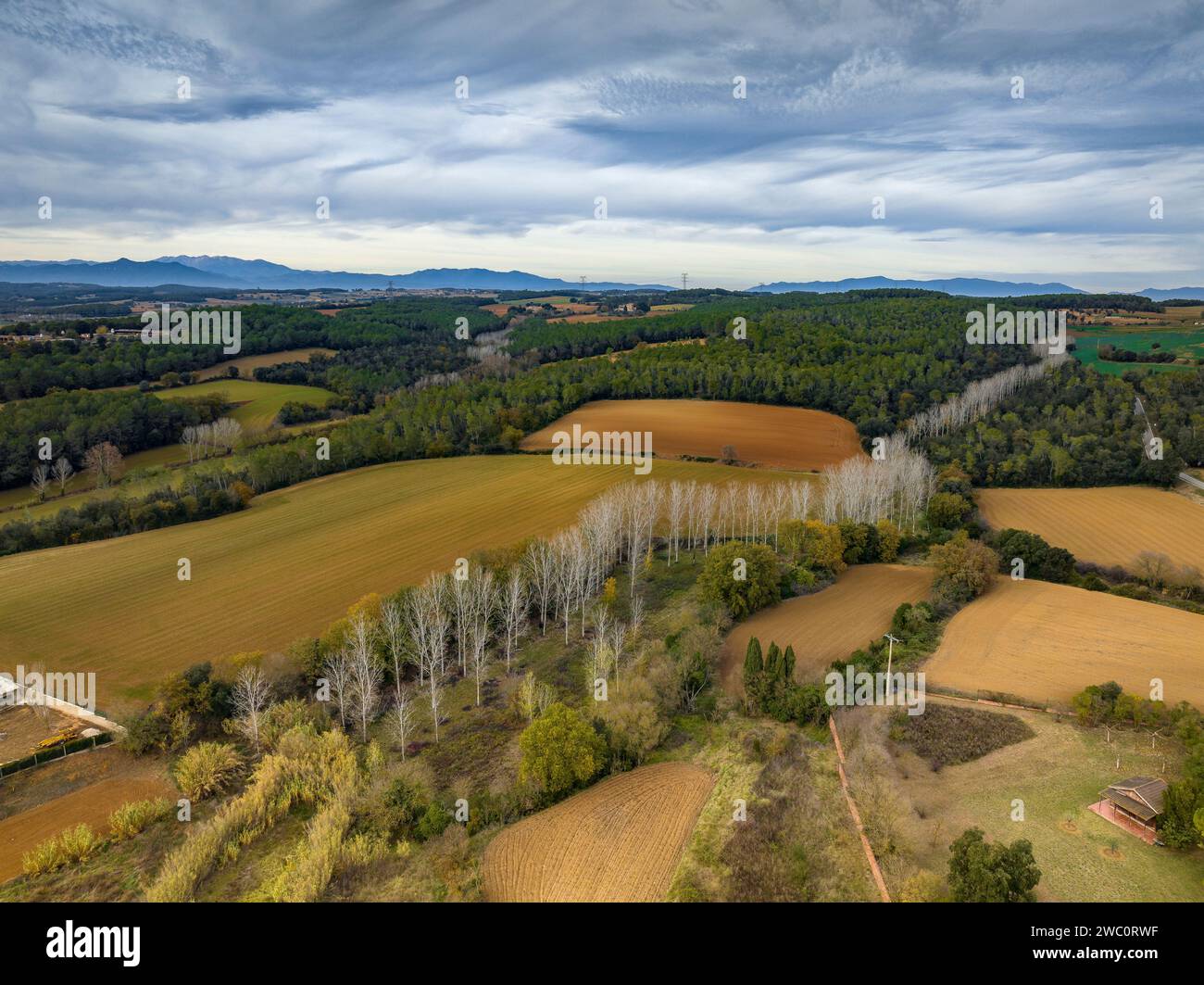 Vista aerea della città di Viladasens e dei suoi dintorni rurali in un nuvoloso pomeriggio invernale (Gironès, Girona, Catalogna, Spagna) Foto Stock