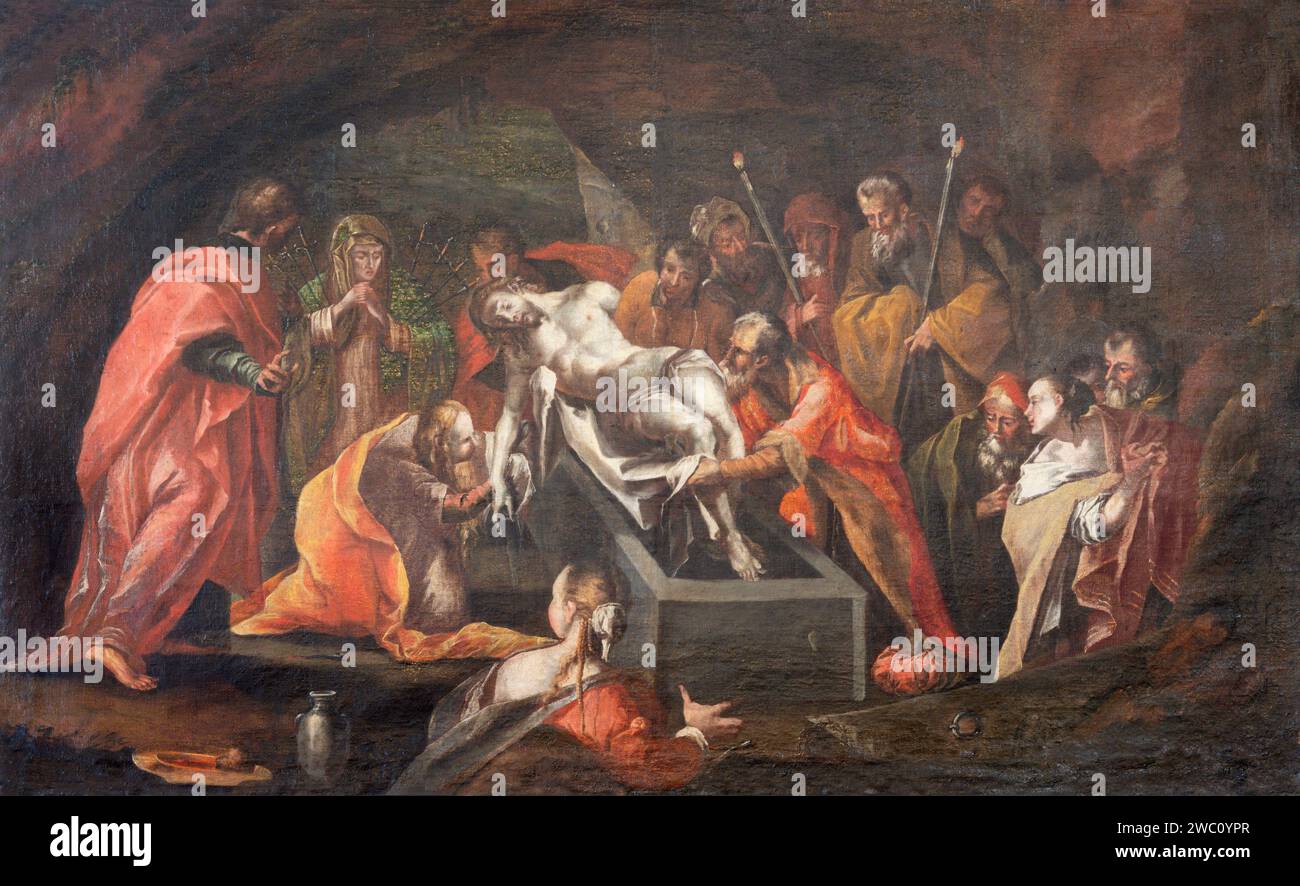 LUCERNA, SVIZZERA - 24 LUGLIO 2022: Il dolore della sepoltura di Gesù nella chiesa di San Leodegar im Hof di un artista sconosciuto del 17. cent. Foto Stock