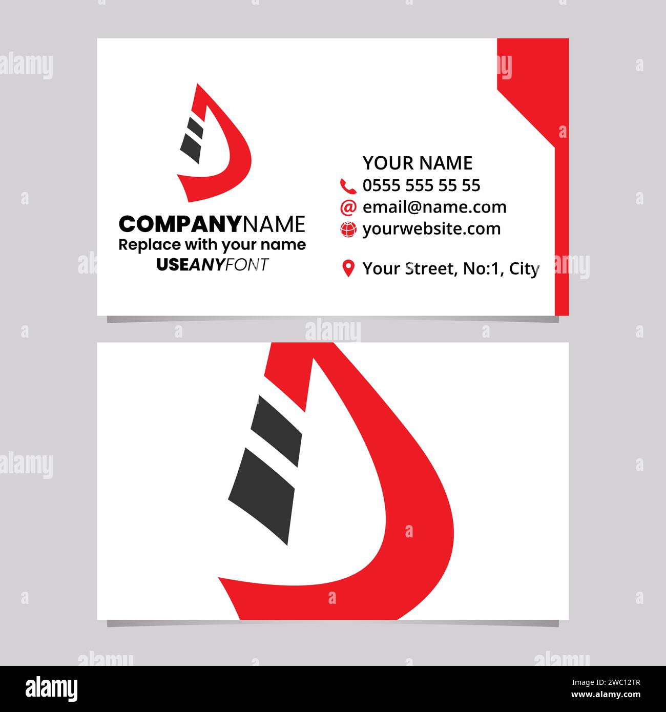 Modello di biglietto da visita rosso e nero con icona del logo D a righe ricurve su sfondo grigio chiaro Illustrazione Vettoriale
