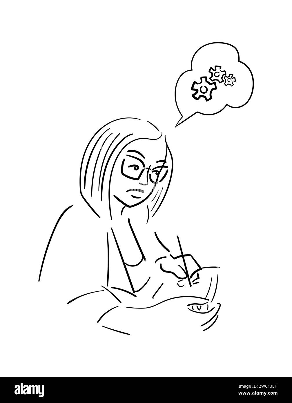 Donna operaia moderna. Concetto del processo di lavoro, riflessioni. Ragazza con gli occhiali. Torna a scuola. Artista, studente in classe. Lefty. Illustrazione vettoriale in sket Illustrazione Vettoriale