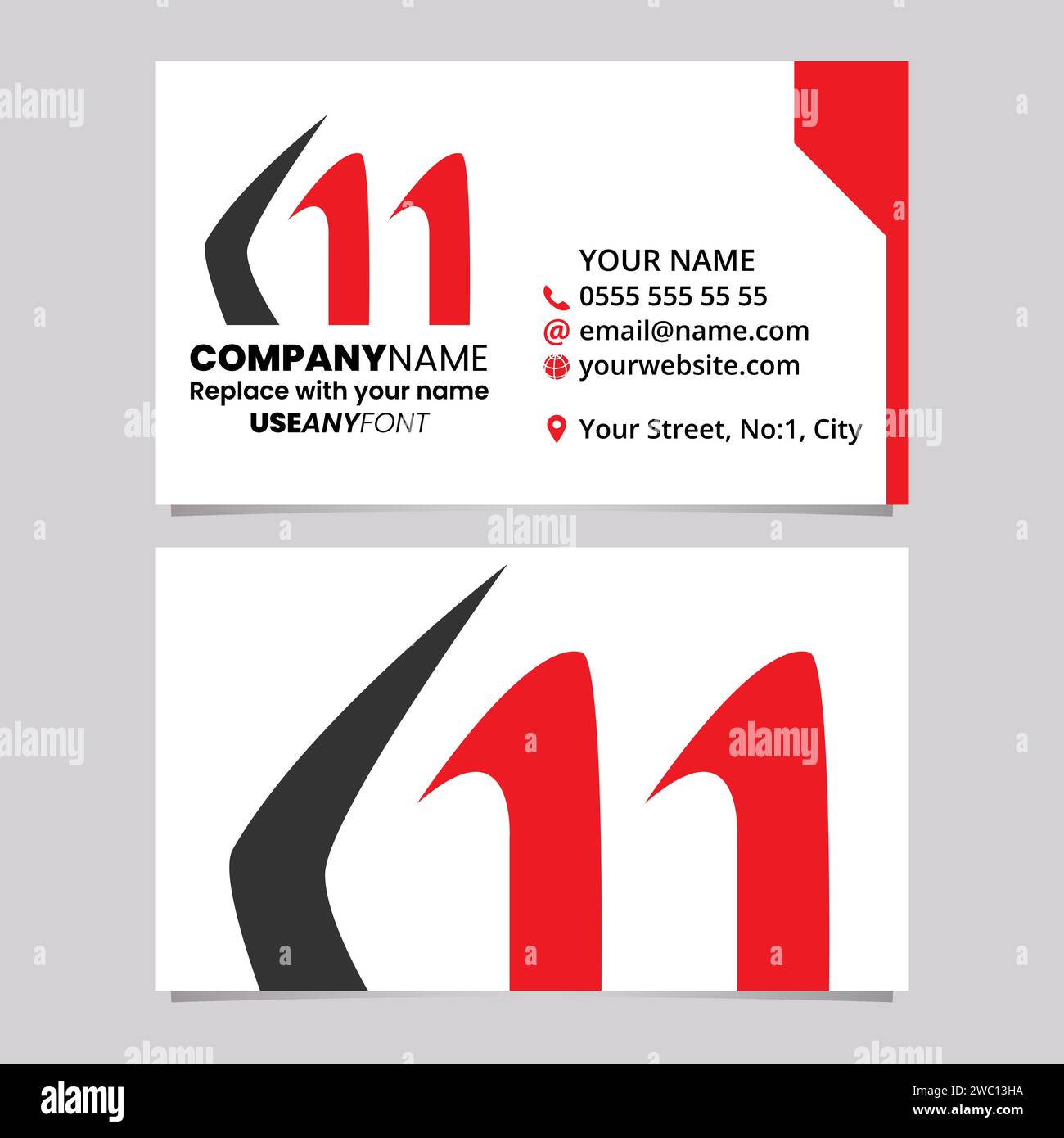 Modello di biglietto da visita rosso e nero con icona con logo lettera M a forma di corno su sfondo grigio chiaro Illustrazione Vettoriale