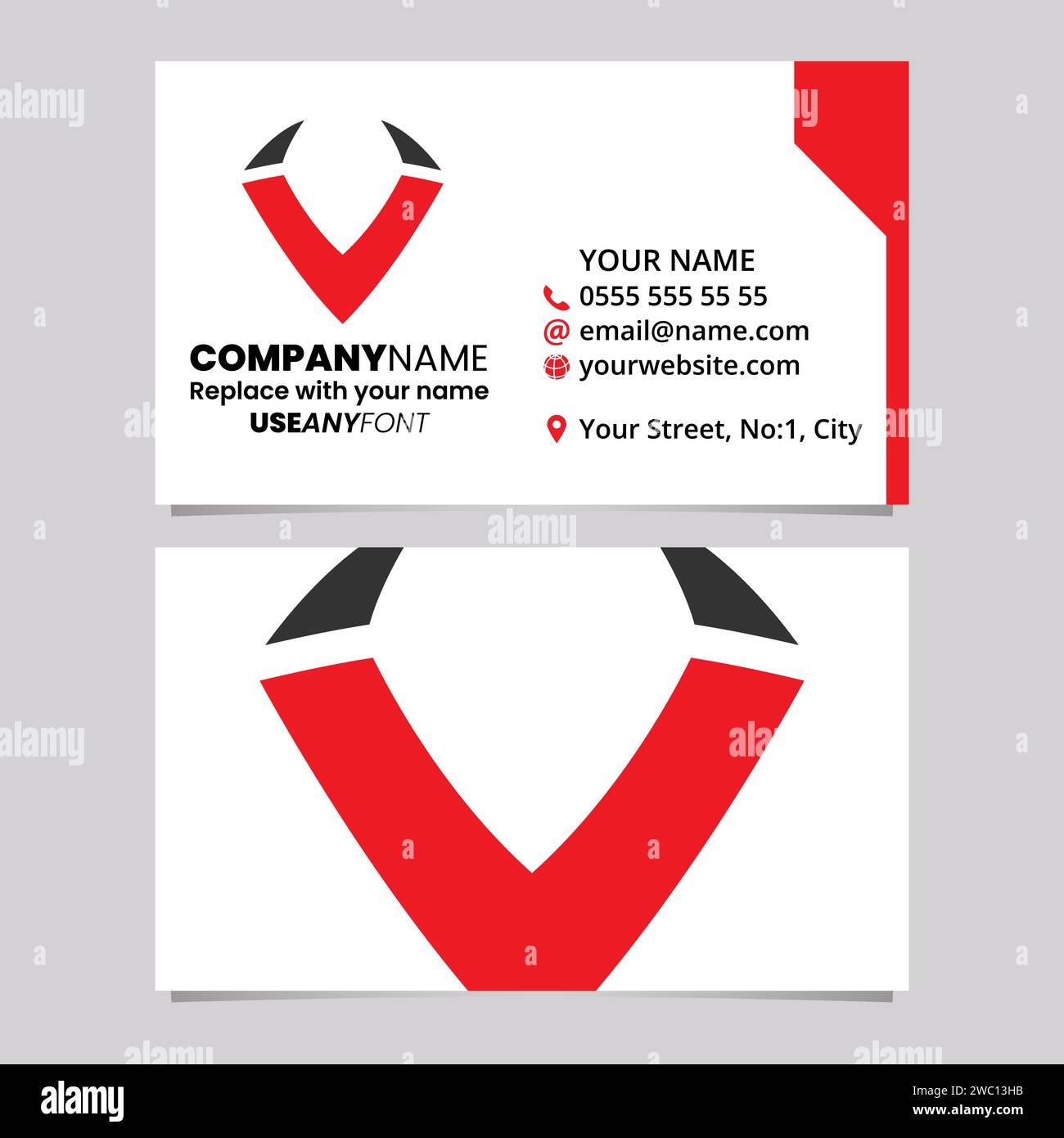 Modello di biglietto da visita rosso e nero con icona logo V a forma di corno su sfondo grigio chiaro Illustrazione Vettoriale