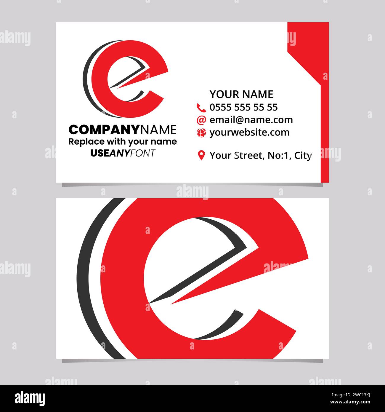 Modello di biglietto da visita rosso e nero con icona con logo lettera e a strati su sfondo grigio chiaro Illustrazione Vettoriale