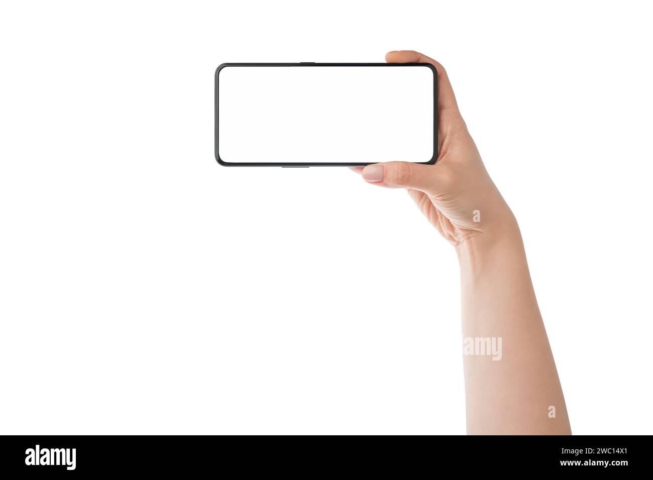 Giovane donna che tiene a mano uno smartphone generico con schermo bianco su sfondo bianco, modello Foto Stock