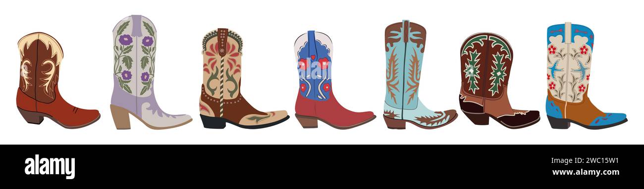 Set di diversi stivali da cowgirl vettore isolato. Illustrazione Vettoriale