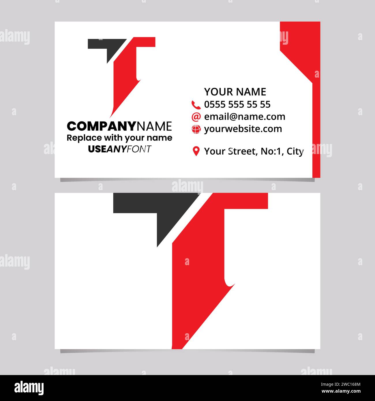 Modello di biglietto da visita rosso e nero con icona con logo a T a forma di lettera divisa su sfondo grigio chiaro Illustrazione Vettoriale