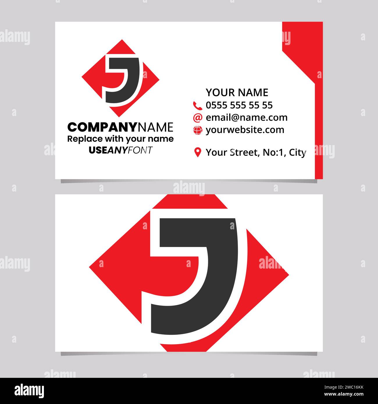Modello di biglietto da visita rosso e nero con icona quadrata con lettera di diamante J su sfondo grigio chiaro Illustrazione Vettoriale