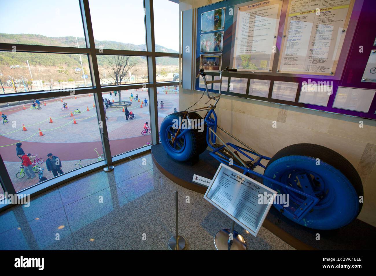 Città di Sangju, Corea del Sud - 9 marzo 2017: All'interno del Sangju Bicycle Museum, una sorprendente bici da corsa grassa all'avanguardia con ruote blu è posizionata accanto Foto Stock