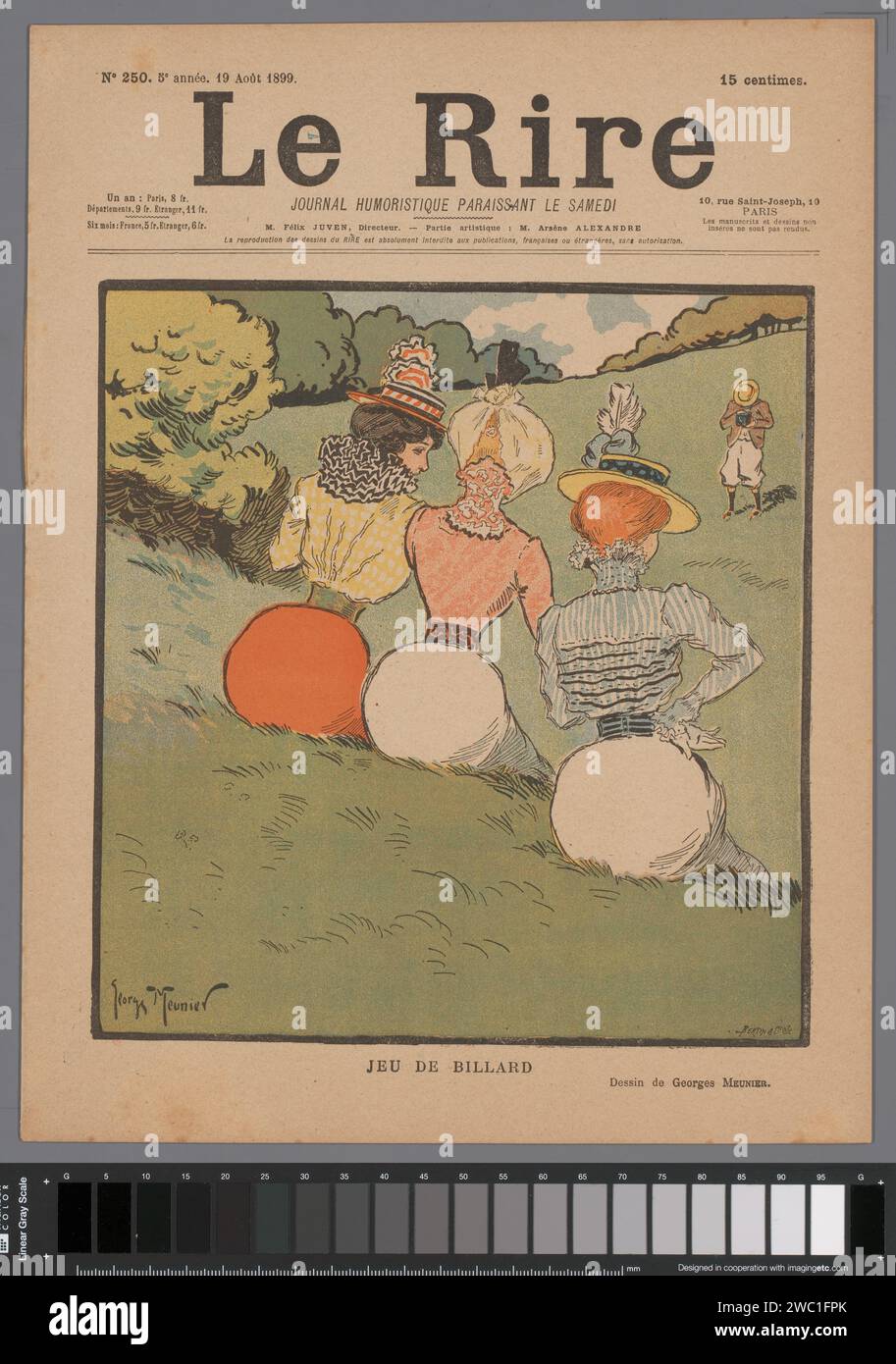 Gioco da biliardo, Bertin and Cie, dopo Georges Meunier (TEKENAAR), stampa del 1899 Un fotografo sta imbavagliando tre donne sull'erba con derrières come un gioco da biliardo. Copia del giornale umoristico "le Rire" del 19 agosto 1899. Carta tipografica stampa scatto di fotografie - CC - fuori dagli sportelli. adolescente, giovane donna, fanciulla. Natiche, "partes posteriores" - AA - figura umana femminile. biliardo Foto Stock