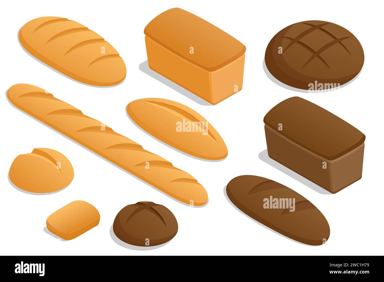 Set isometrico di pane croccante fresco. Grano integrale segale e pane di grano. Pane di frumento e segale appena sfornato in casa Illustrazione Vettoriale