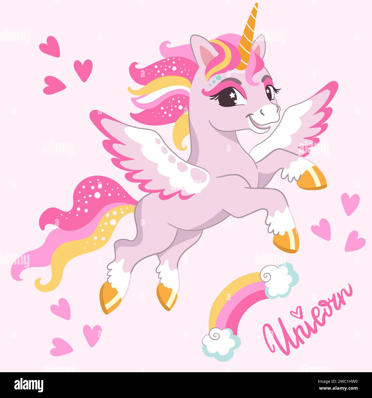 Simpatico e sorridente unicorno rosa con ali, arcobaleno e cuori. Illustrazione vettoriale in stile cartone animato per stampe e decorazioni, tessuti, souvenir, adesivi Illustrazione Vettoriale