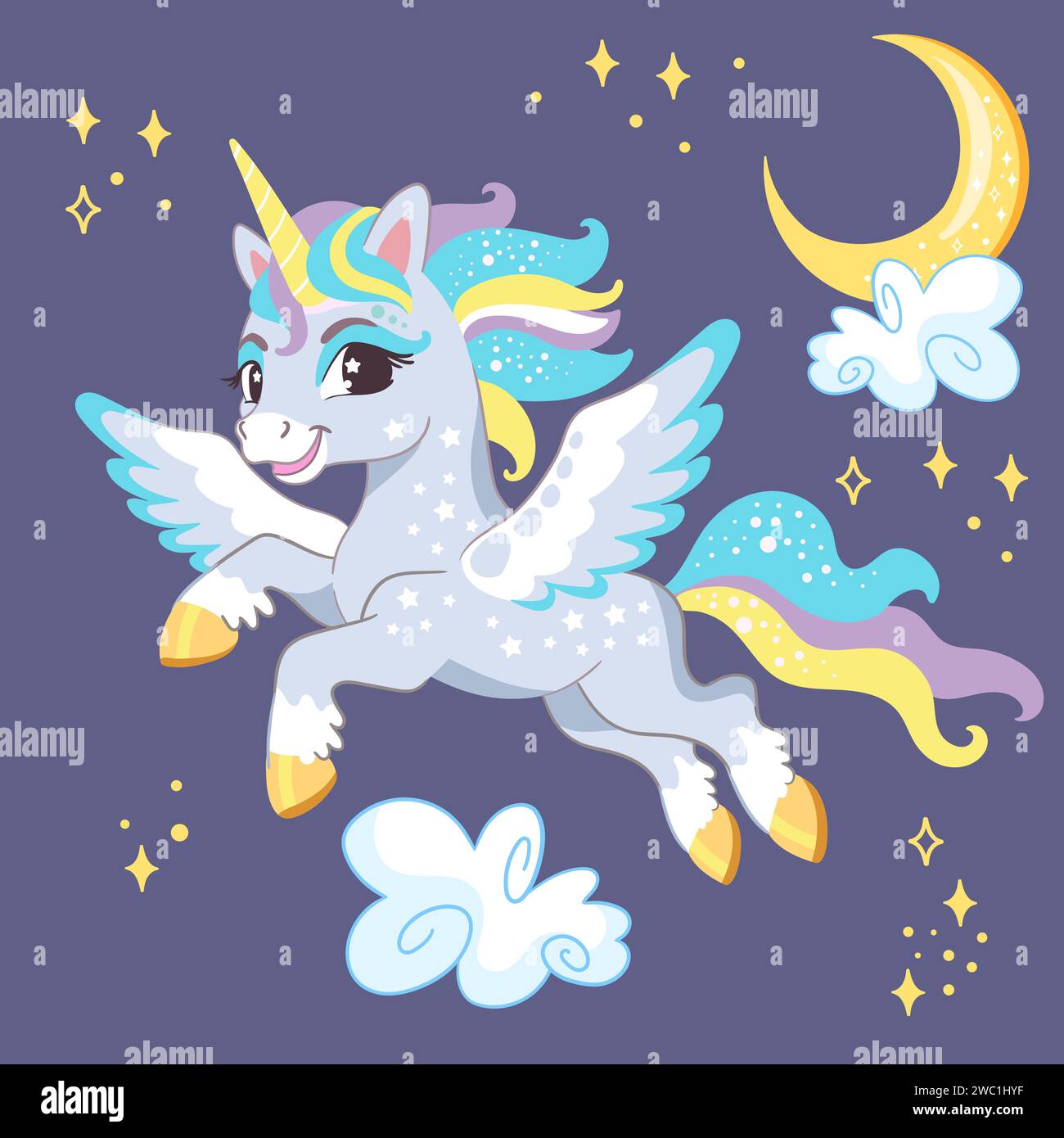 Simpatico e sorridente unicorno blu notte con ali, luna e stelle. Illustrazione vettoriale in stile cartoni animati per stampe e decorazioni, tessuti, souvenir, bastoncini Illustrazione Vettoriale
