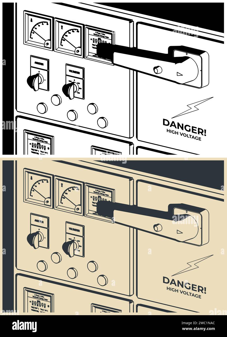 Illustrazione vettoriale stilizzata del quadro di comando elettrico industriale in primo piano Illustrazione Vettoriale
