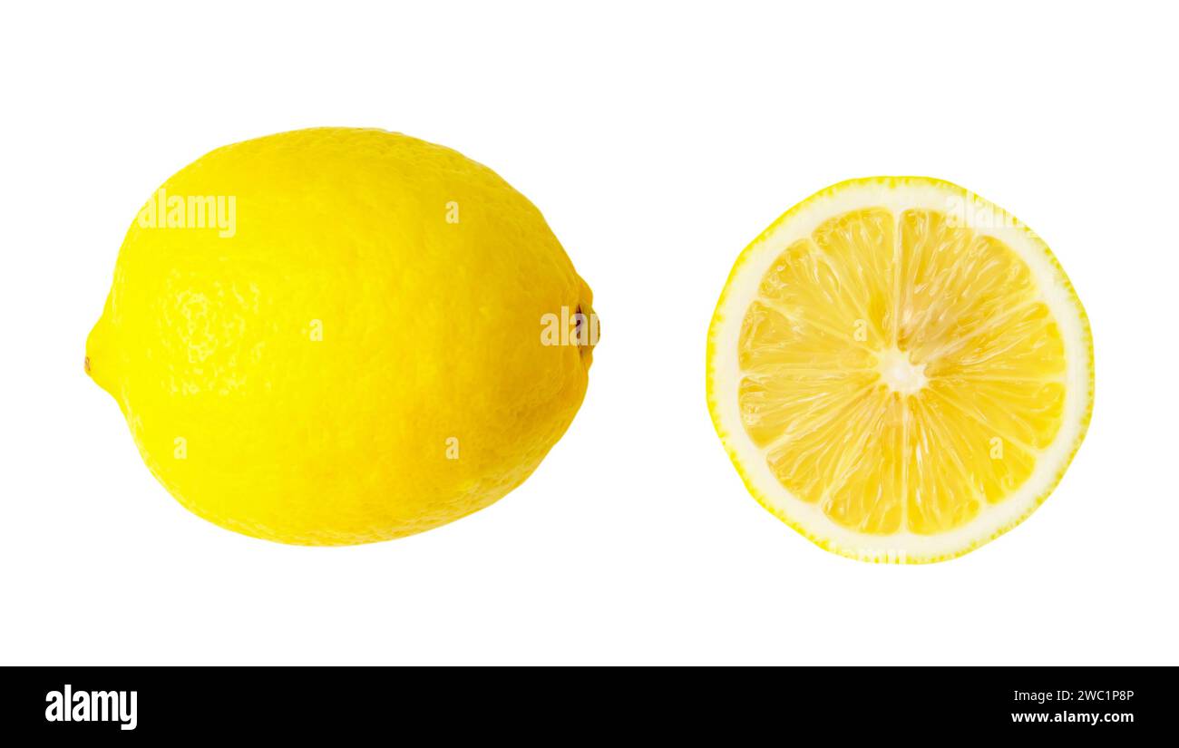 Vista dall'alto della frutta fresca gialla al limone con metà in set, isolata su sfondo bianco con percorso di ritaglio. Foto Stock
