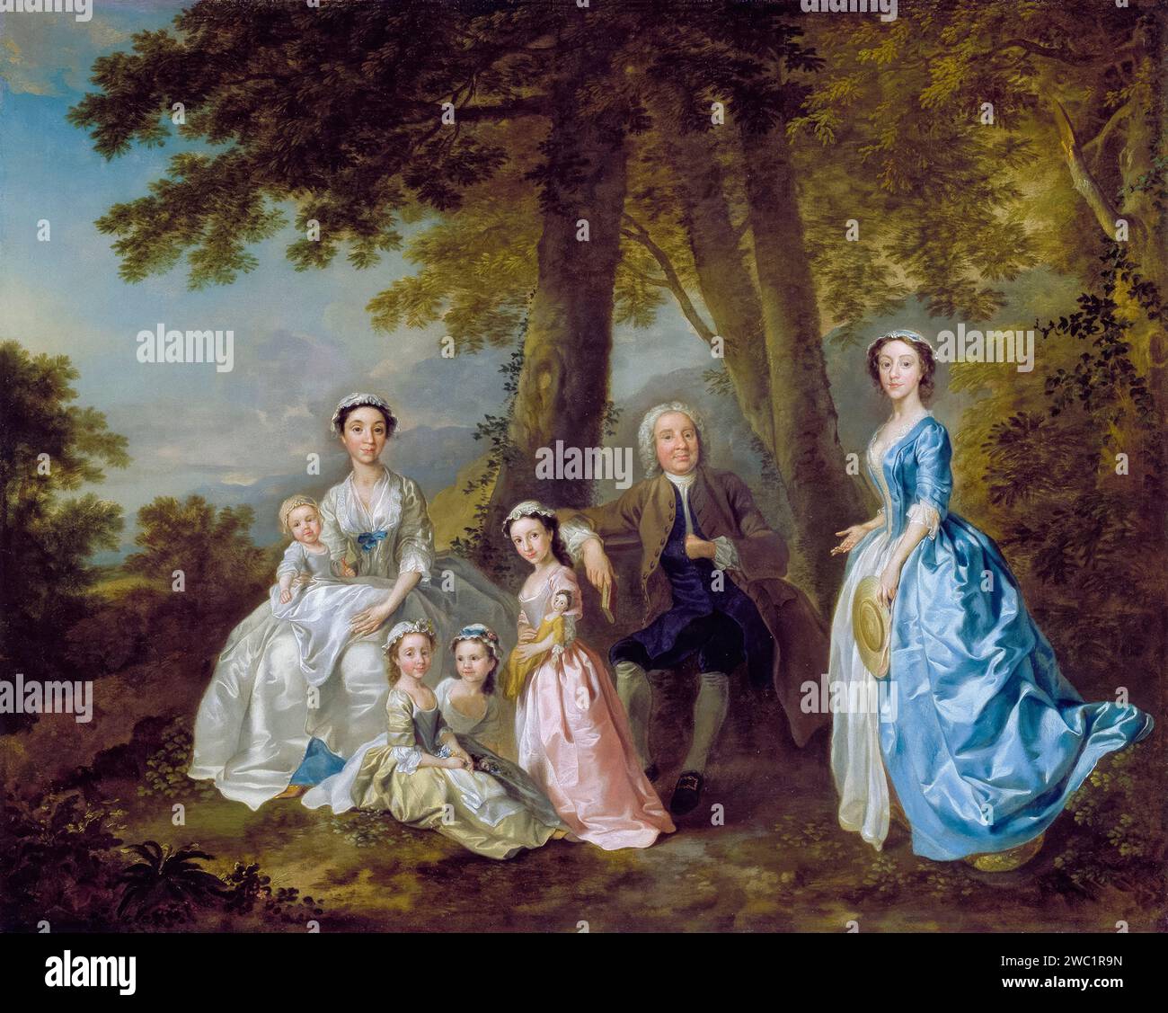 Samuel Richardson (1684-1761) il romanziere, seduto, circondato dalla sua seconda famiglia, ritratto dipinto ad olio su tela di Francis Hayman, 1740-1741 Foto Stock