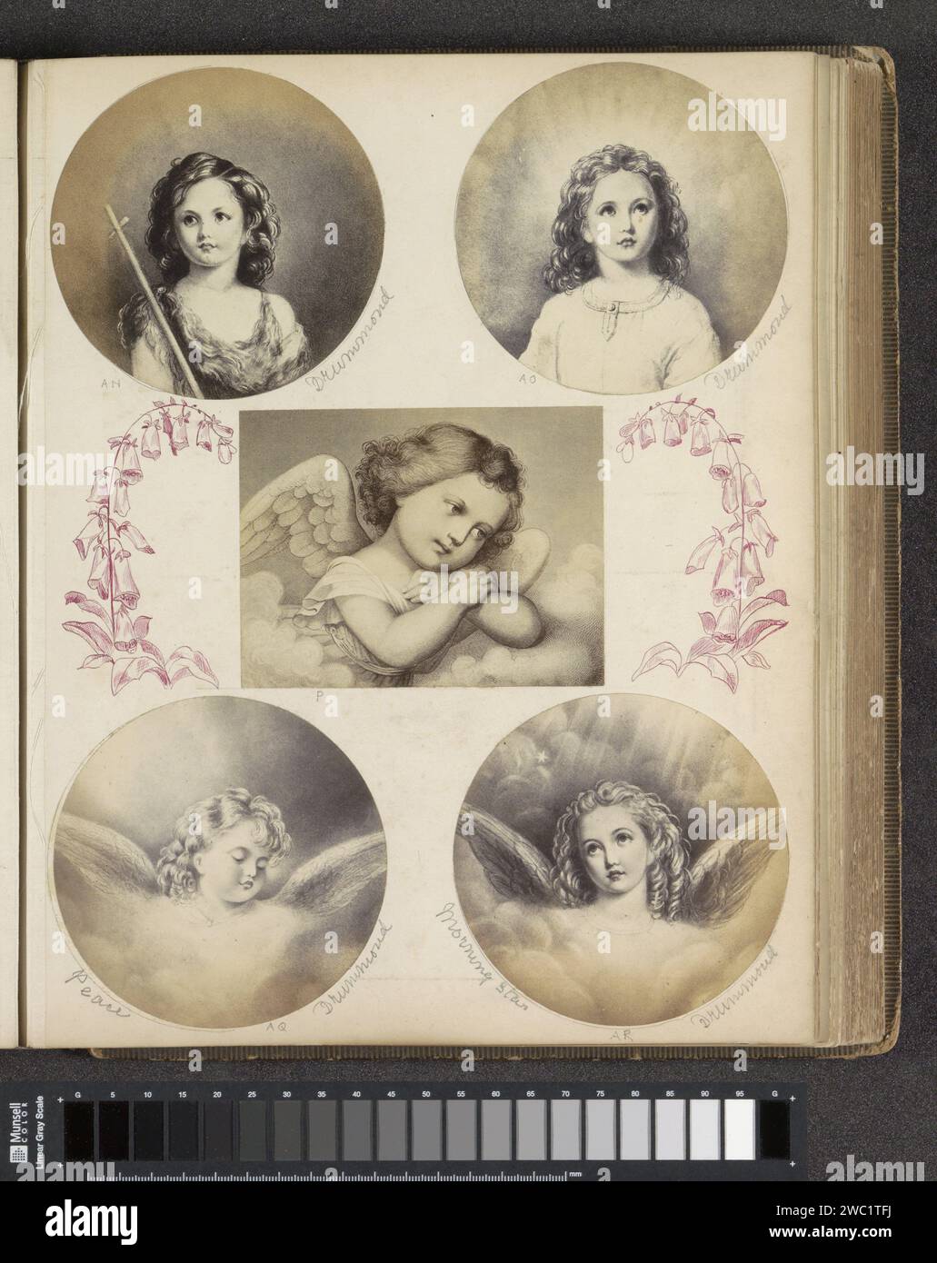 Produzione fotografica di (presumibilmente) un disegno che rappresenta Johannes de Baptist da bambino, c. 1850 - c. 1870 Fotografia parte di album con foto di luoghi e paesaggi in Inghilterra e di arte. Giornale inglese. Supporto fotografico albume stampa Giovanni Battista; possibili attributi: Libro, croce di canna, tazza battesimale, favo, lamb, staff Foto Stock
