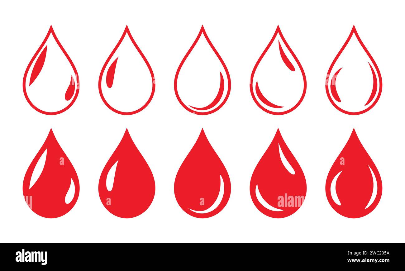 Icona simbolo goccia di sangue con set di cinque colori rosso con riempimento e contorno. Forma di goccia di sangue. Le gocce di sangue sono isolate su sfondo bianco. Illustrazione Vettoriale