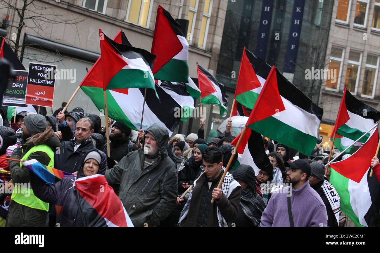 Pro-palästinensische Demonstration gegen das militärische Eingreifen Israels a Gaza. Hunderte von Demonstranten zogen am Samstagnachmittag von St Georg aus durch die Hamburger Innenstadt. Altstadt Amburgo *** manifestazione pro-palestinese contro l'intervento militare israeliano a Gaza centinaia di manifestanti hanno marciato da San Giorgio attraverso il centro di Amburgo sabato pomeriggio città vecchia di Amburgo Foto Stock