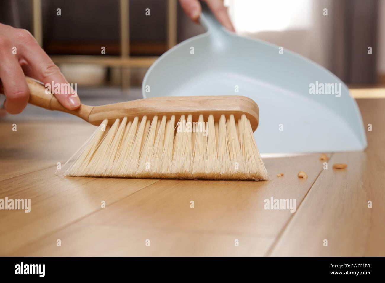 Immagine ravvicinata di un appartamento di donna che pulisce le mani con una scopa piccola e una padella Foto Stock