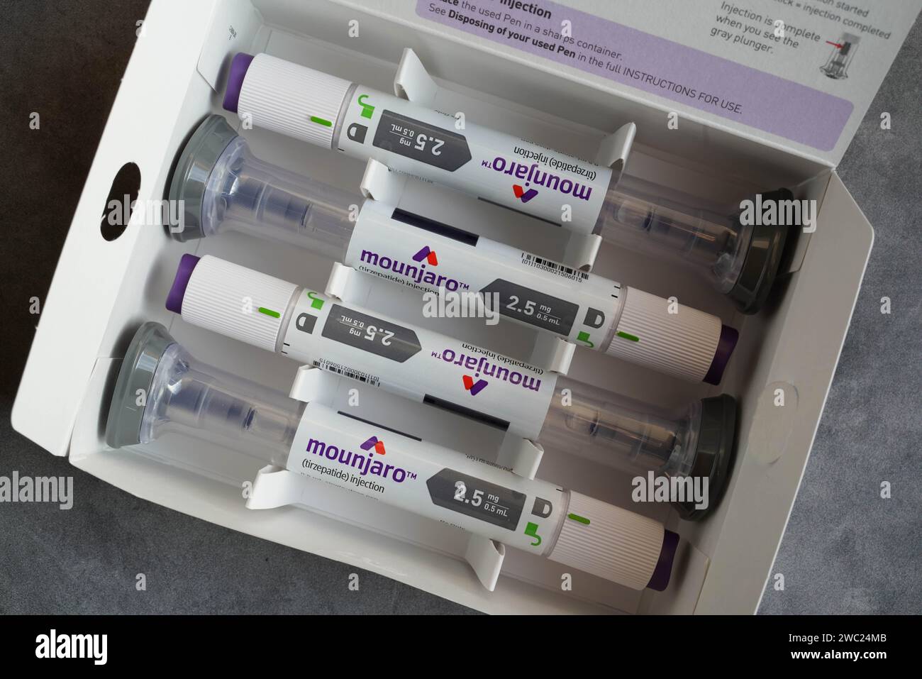 Un mese di fornitura di Mounjaro, un farmaco iniettabile usato per trattare il diabete di tipo 2. Foto Stock
