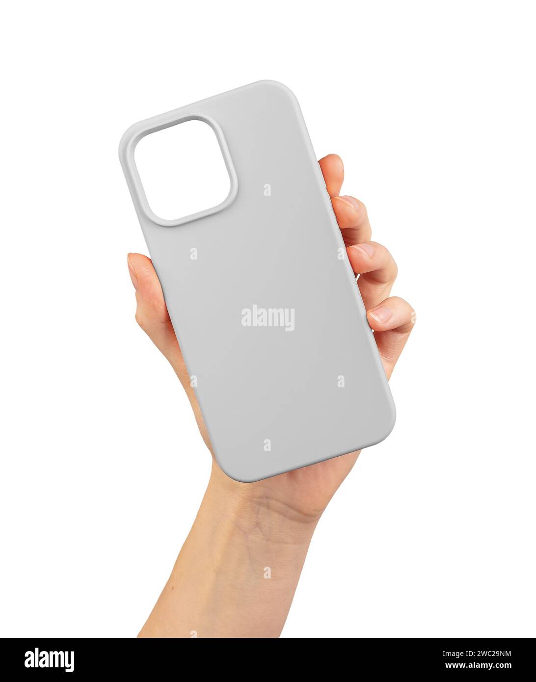 Custodia per telefono mockup, protezione vuota in plastica siliconica isolata in mano su bianco Foto Stock