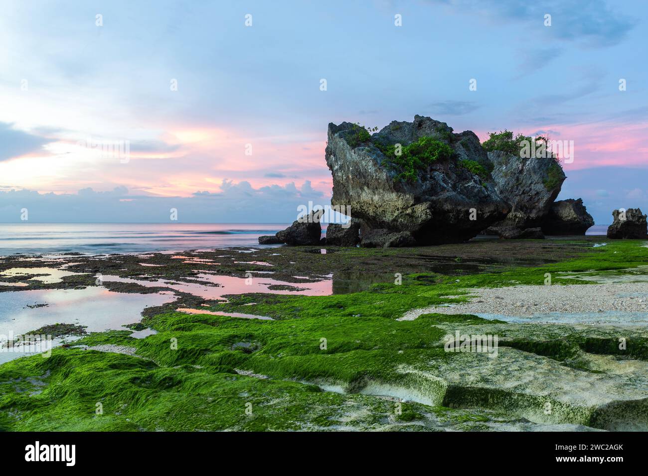 Vivace costa rocciosa sull'isola di Bali al tramonto. Rocce ricoperte di alghe verdi. Splendido paesaggio balinese. Foto Stock