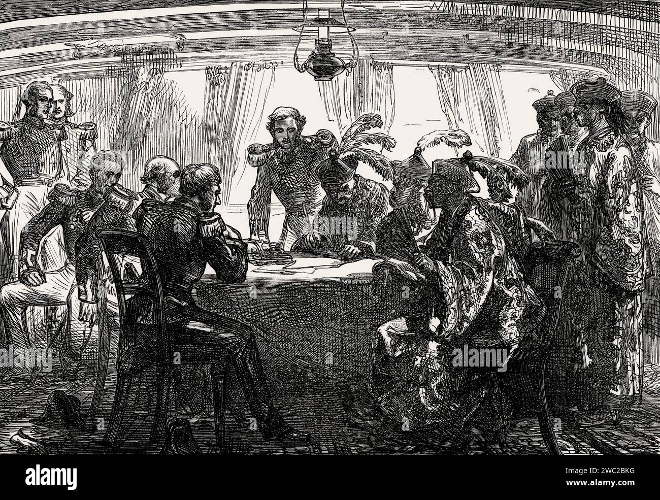 Firma del trattato di Nanchino a bordo della HMS Cornwallis, prima guerra dell'oppio, 1842 Foto Stock